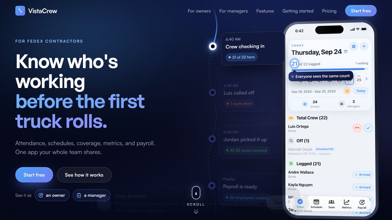 VistaCrew website showing its attendance app and the headline Know who's working before the first truck rolls